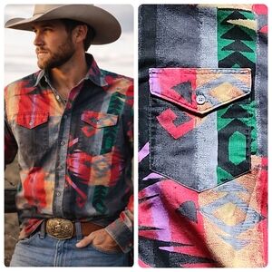 Vintage Wrangler Western Mens Sz L Aztec Geometric Pearl Snap Western Shirt yoke